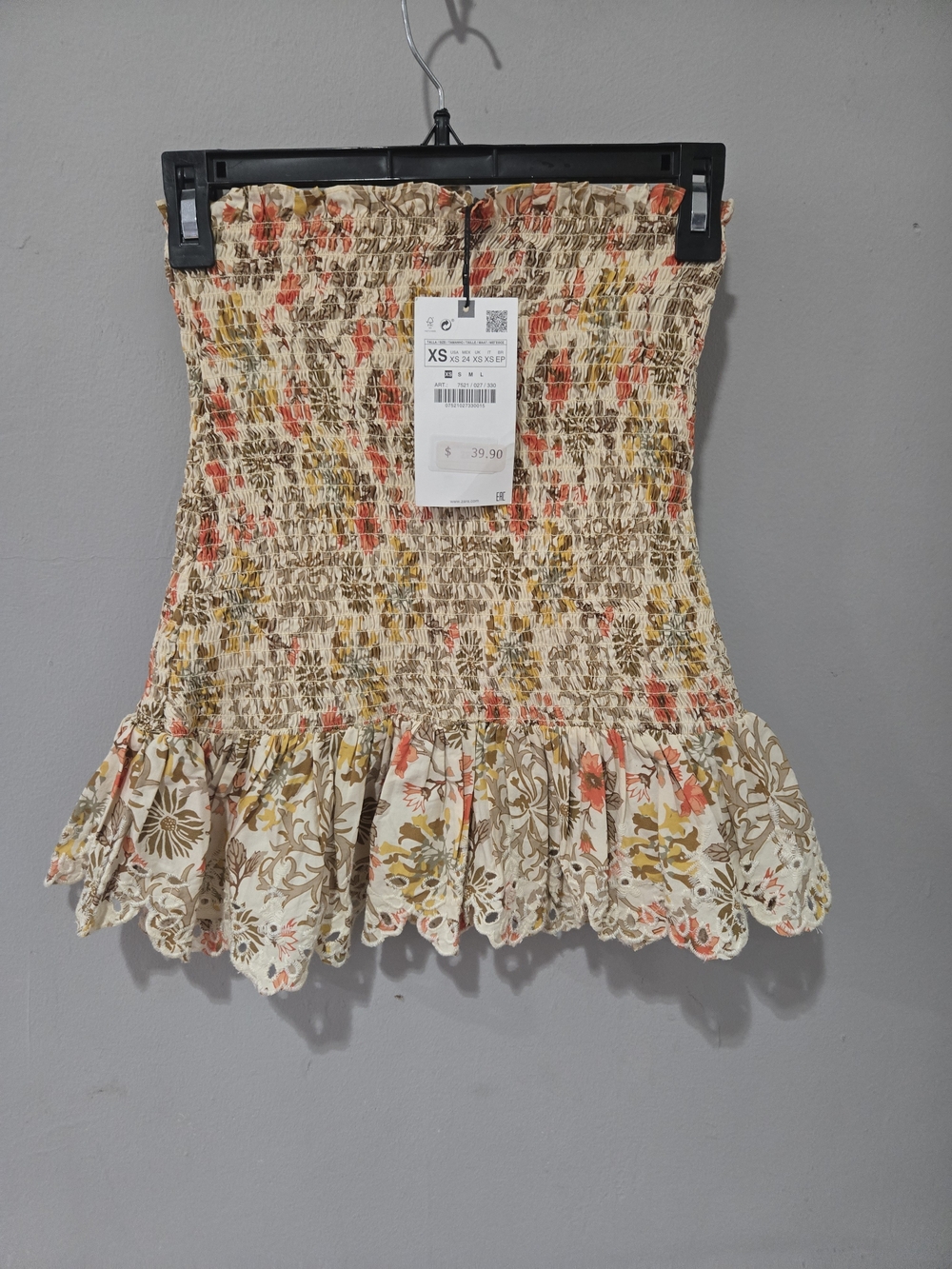 Zara Beige Floral Smocked Tube Top with Coral & Mustard Accents